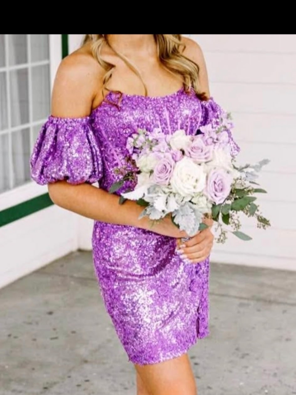 Sherri Hill Purple Sequin Off-Shoulder Puff Sleeve Dress